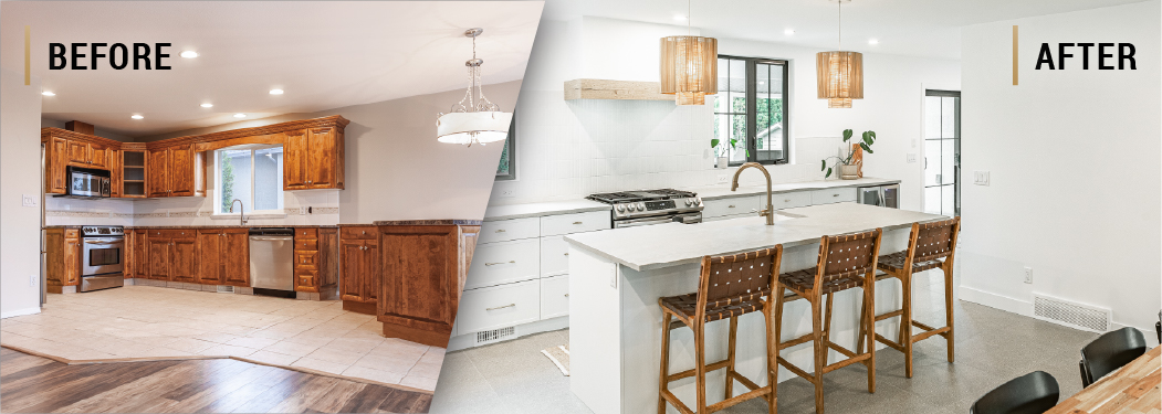Before and after of a Kelowna kitchen renovation showing a dark, dated layout transformed into a bright, modern space with island seating and efficient lighting.