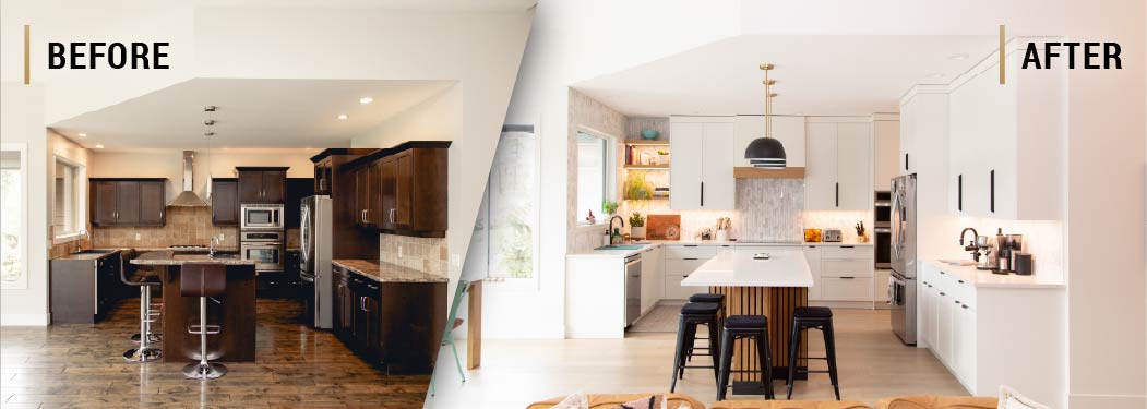 Before and after an ARG renovation in a dated kitchen in the Glenmore neighbourhood of Kelowna, BC.