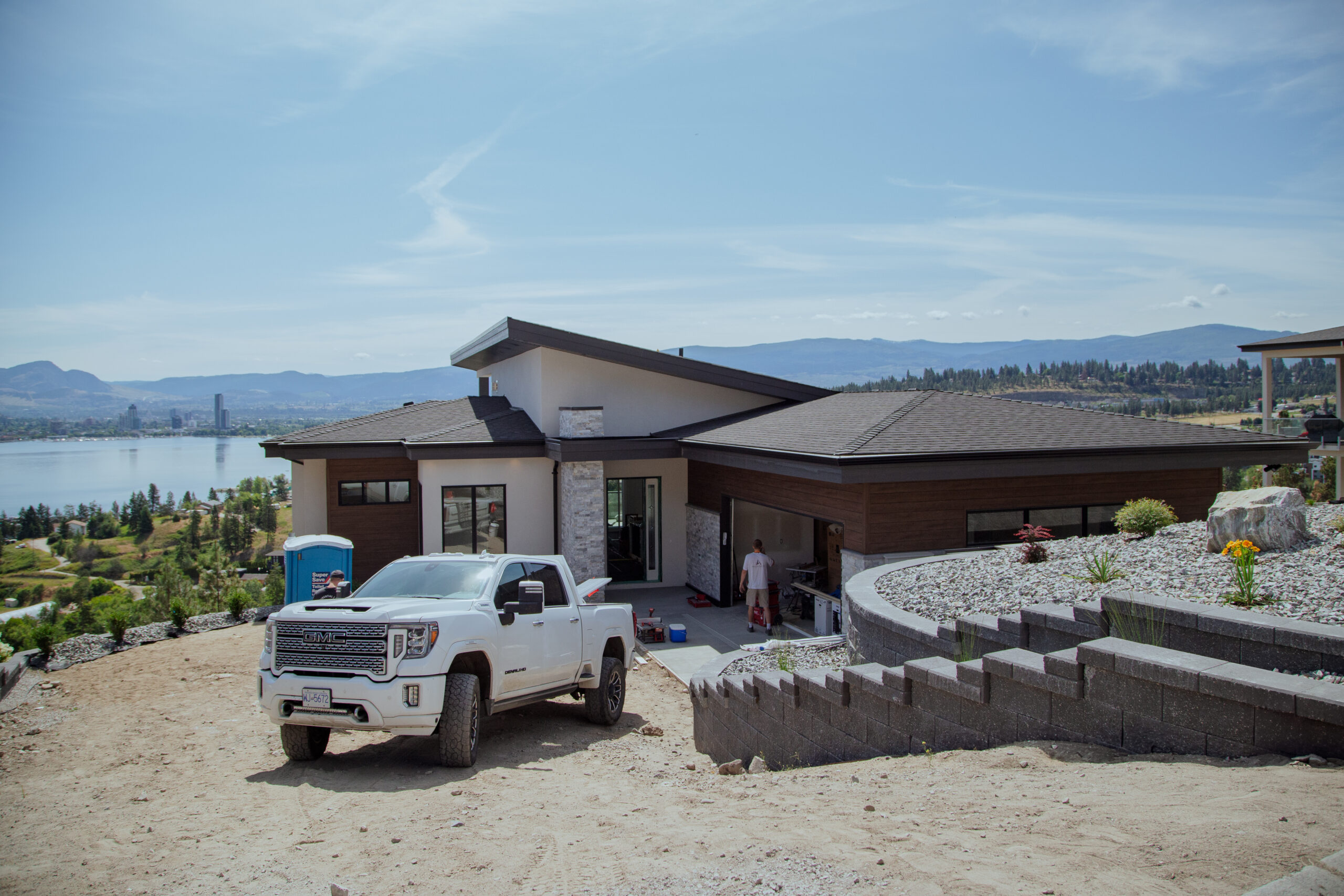 Custom home by ARG Contracting in Bear Creek overlooking Kelowna across Okanagan Lake.