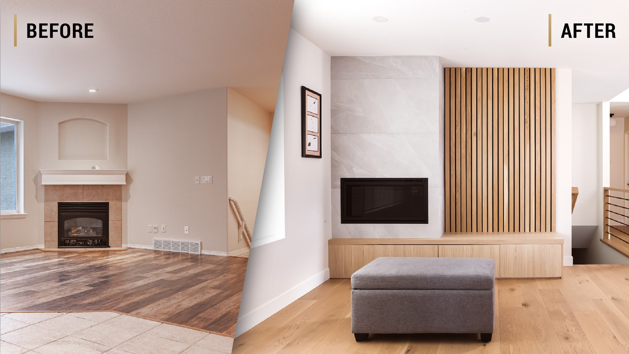 Kelowna living room before and after: old beige tile fireplace replaced with a stone surround, linear fireplace, and oak slat accent wall.
