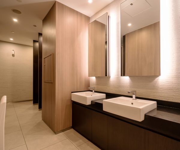 Hotel bathroom with modern architectural style..
